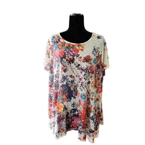 One World Tops - One World Womens 3X Semi-sheer Linen Blend Floral Tunic with Asymmetrical Hem